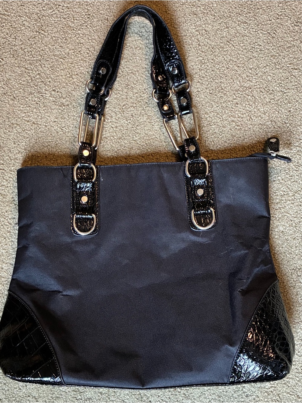 New Large Shoulder HandBag Black Tote Non Adjustable Strap Zip Closure Purse